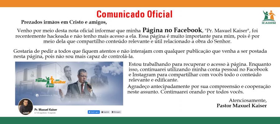 Página do pastor Maxuel Kaiser no facebook foi Hackeada